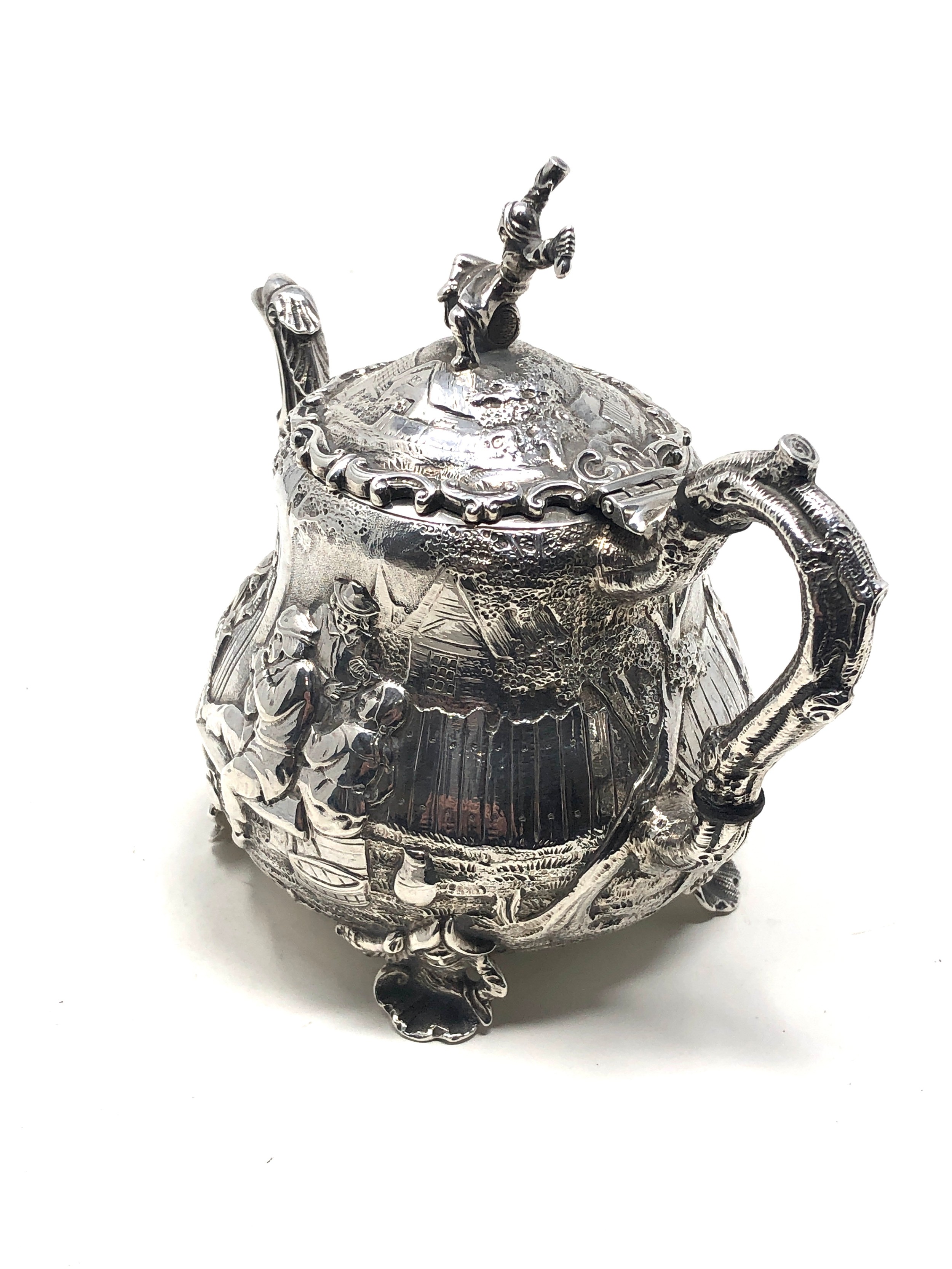 Fine Antique Victorian silver bachelor teapot either side with scenes after "Tennier" London - Image 3 of 8