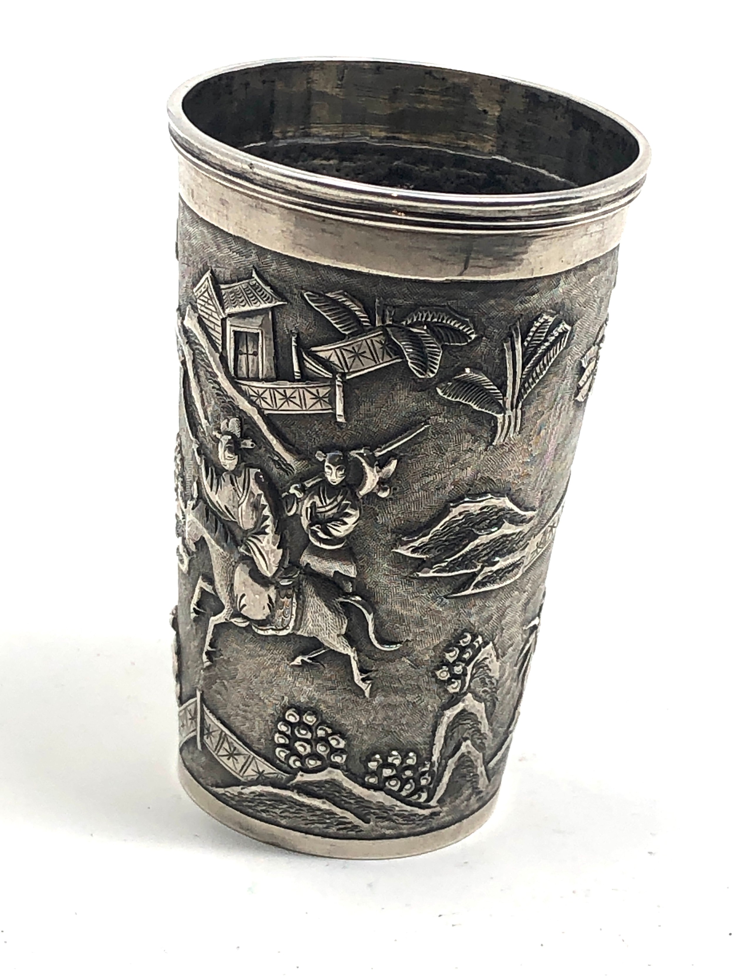 Fine antique chinese silver beaker measures approx height 9cm