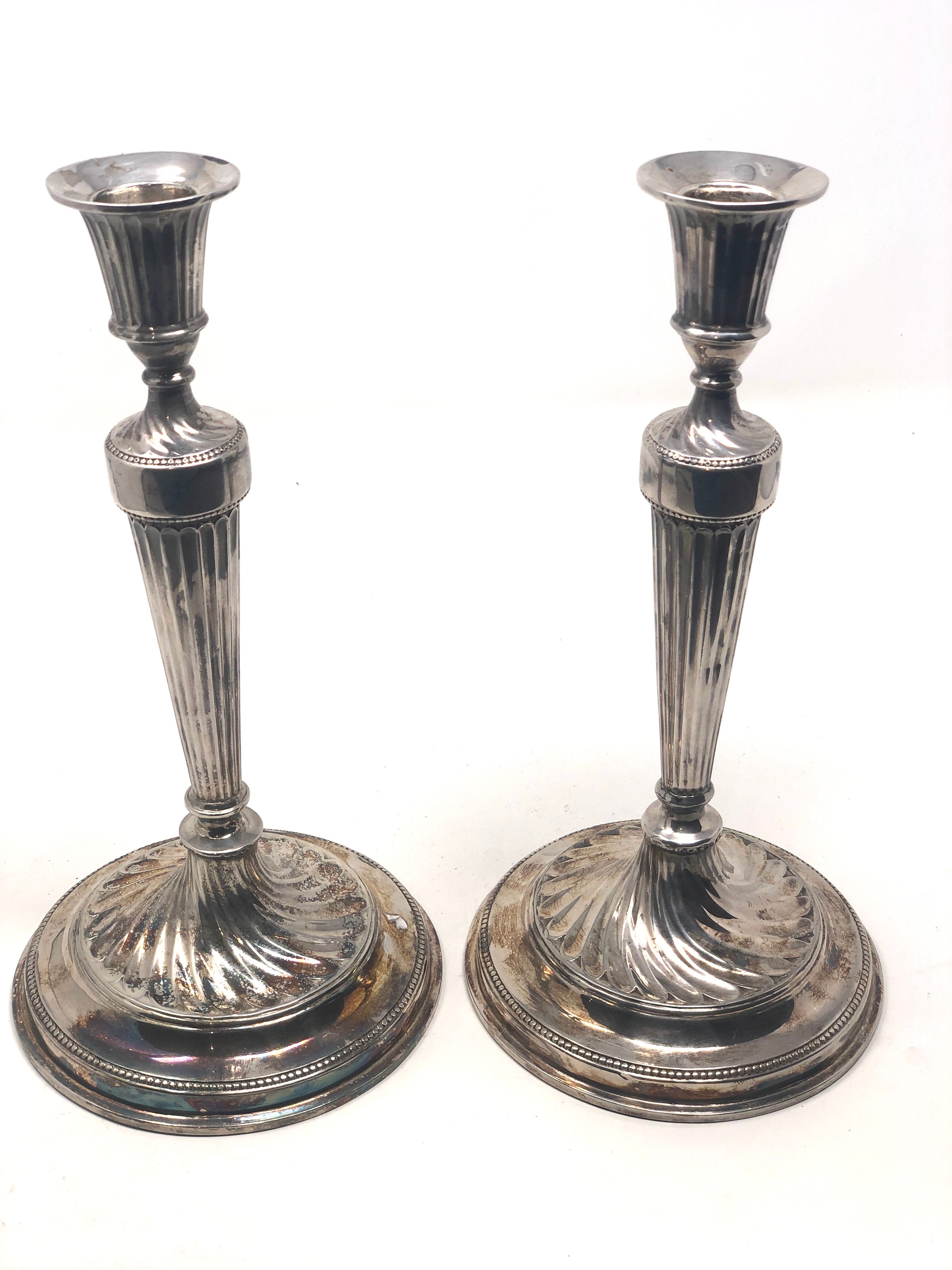 Pair of antique georgian silver candlesticks Sheffield silver hallmarks each measure approx 27cm - Image 2 of 5