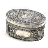 Large continental silver snuff box measures approx 9cm by 6cm height 5cm