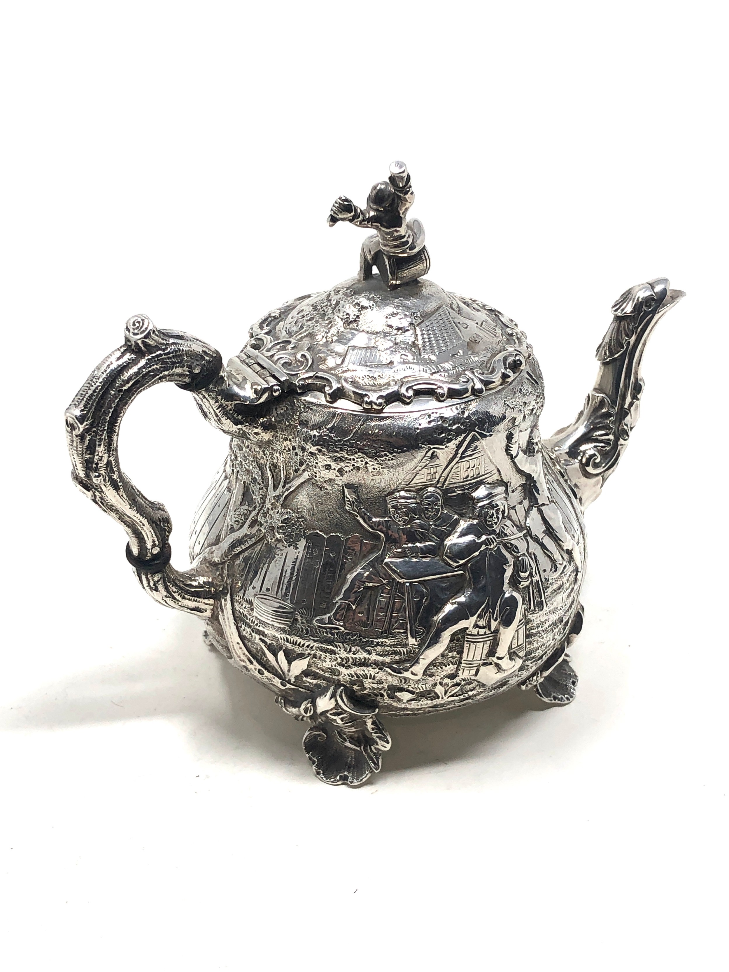 Fine Antique Victorian silver bachelor teapot either side with scenes after "Tennier" London - Image 2 of 8