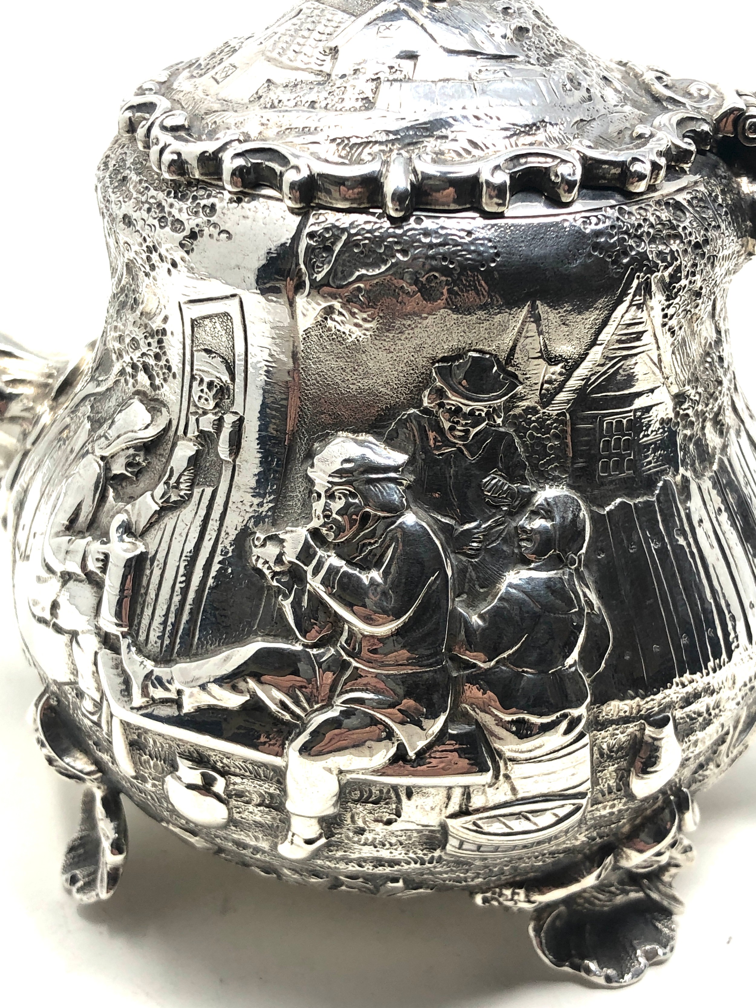Fine Antique Victorian silver bachelor teapot either side with scenes after "Tennier" London - Image 5 of 8