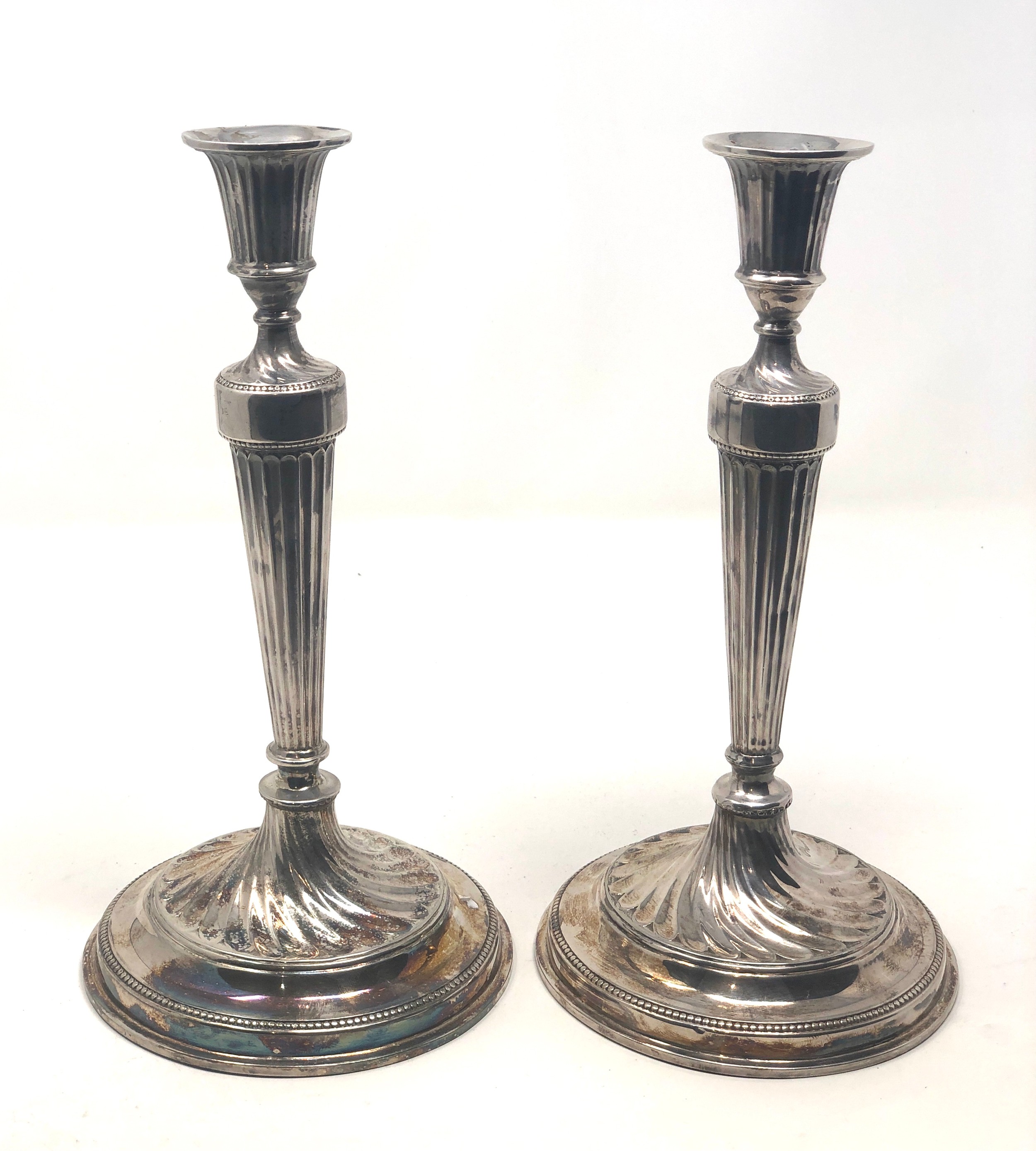 Pair of antique georgian silver candlesticks Sheffield silver hallmarks each measure approx 27cm