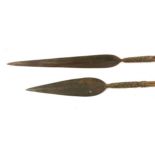 2 Zulu african tribal spears measure approx length geometric wire banding work 1.4 metre