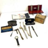 Tray of miscellaneous to include silver handled button hook, cutlery, stamps, spectacles etc