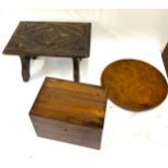 Small carved wooden stool, tea caddy, burr walnut stand etc