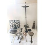 Selection of miscellaneous items included tall brass ashtray, vintage part brush set, the monarch