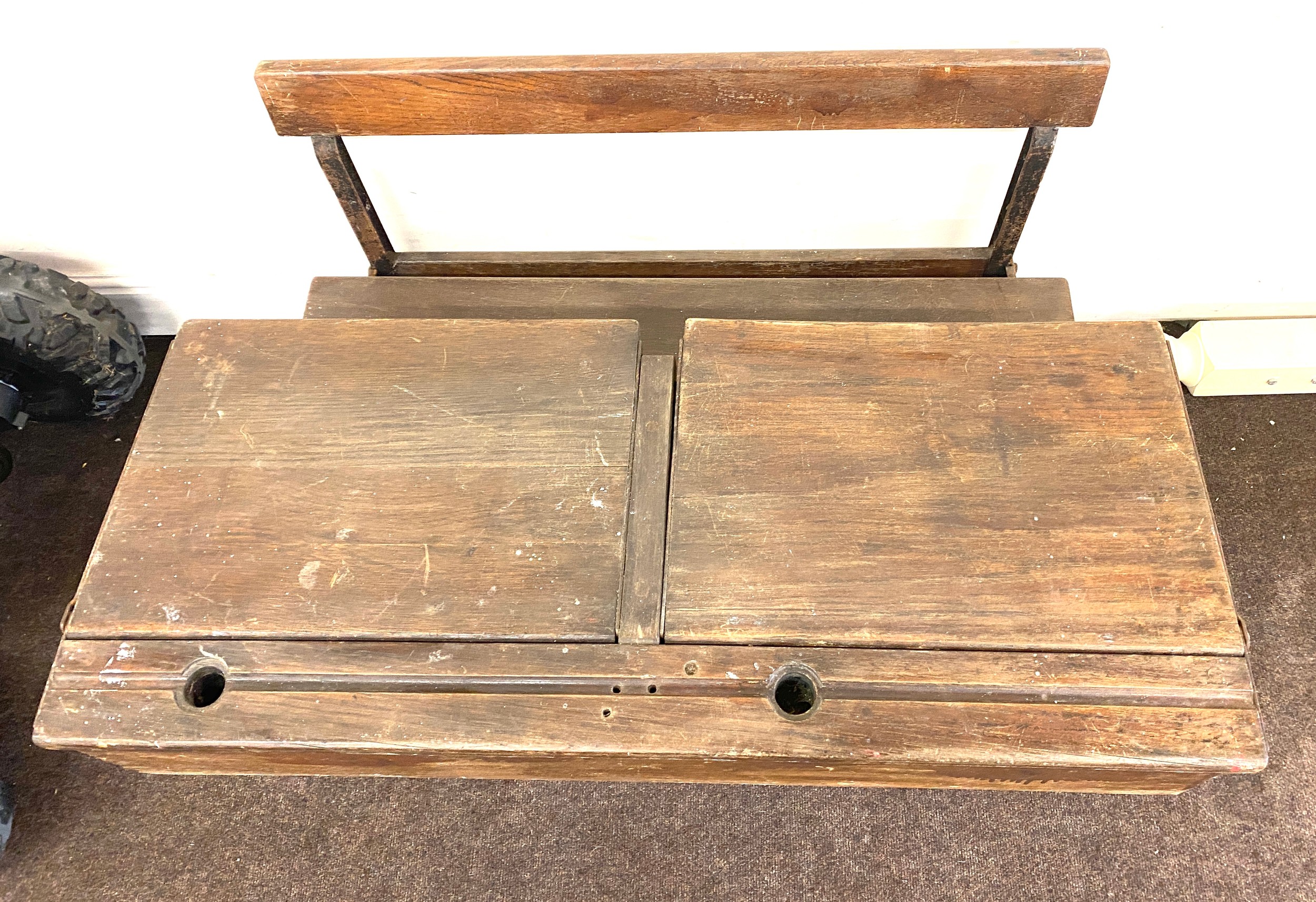 Vintage wooden childrens double school desk with bench , approximate measurement: Width 40 inches, - Bild 2 aus 2
