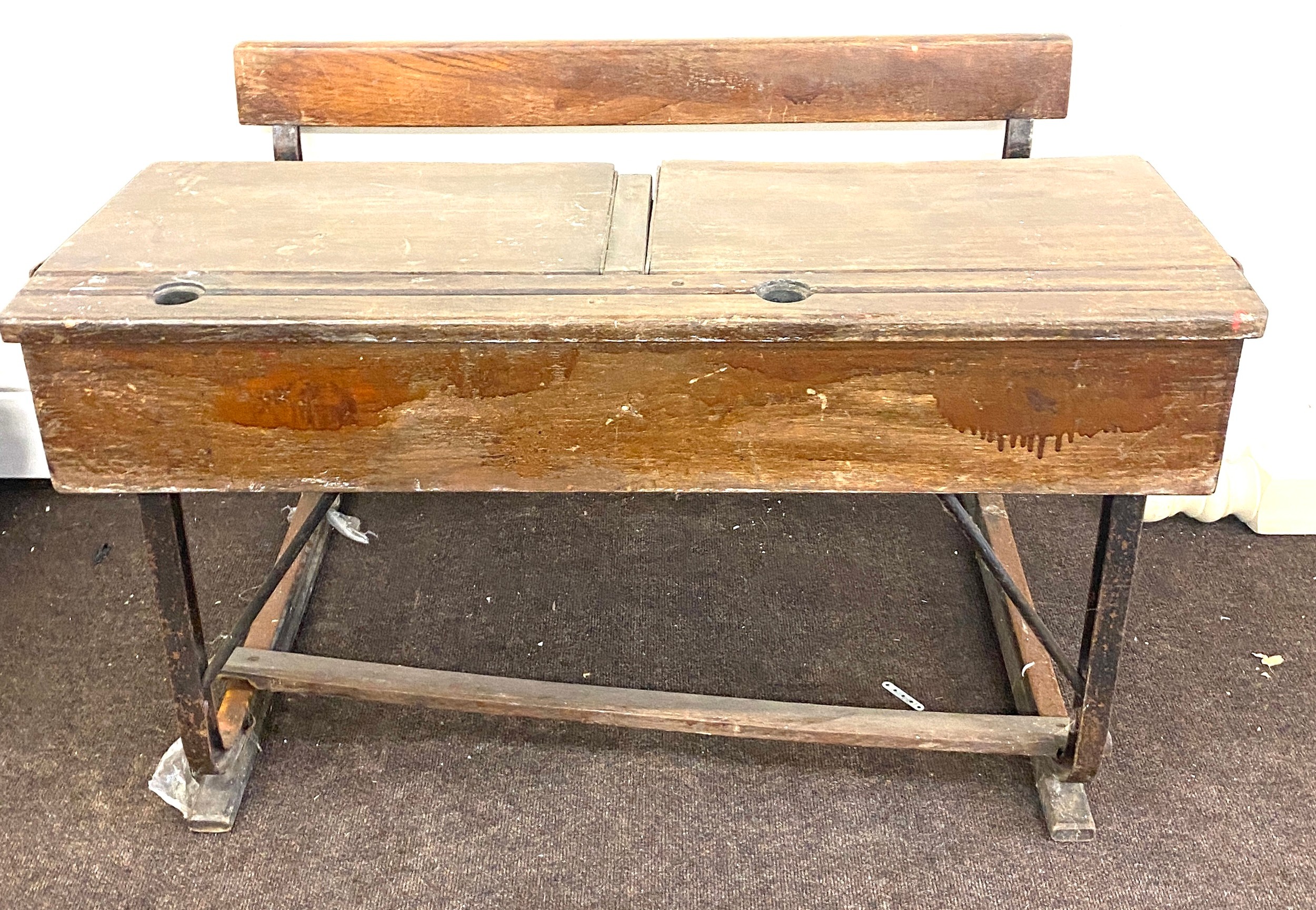 Vintage wooden childrens double school desk with bench , approximate measurement: Width 40 inches,