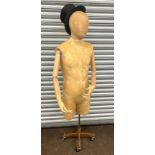 Vintage wooden and fabric mannequin on metal base with top hat, overall height 64 inches