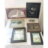 Large selection of framed pictures, vintage framed fan etc