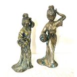 2 Brass Chinese lady figures tallest measures approx 11" tall