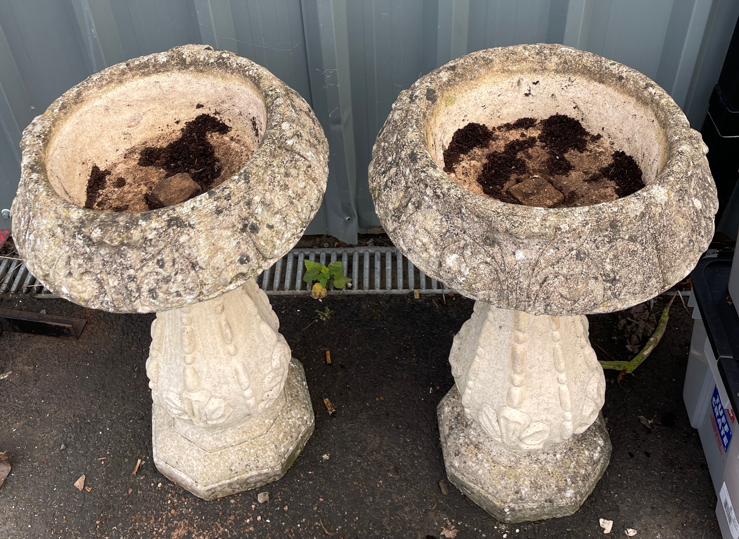 2, 2 piece stone planters, approximate height 28 inches