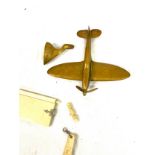 WW2 trench art brass Spitfire plane, Victorian aide memoir, Sovereign case etc