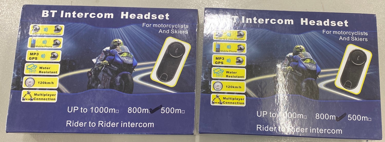 Pair BT Intercom headset 800m rider to rider intercom for motorcyclists and skiers, new in boxes