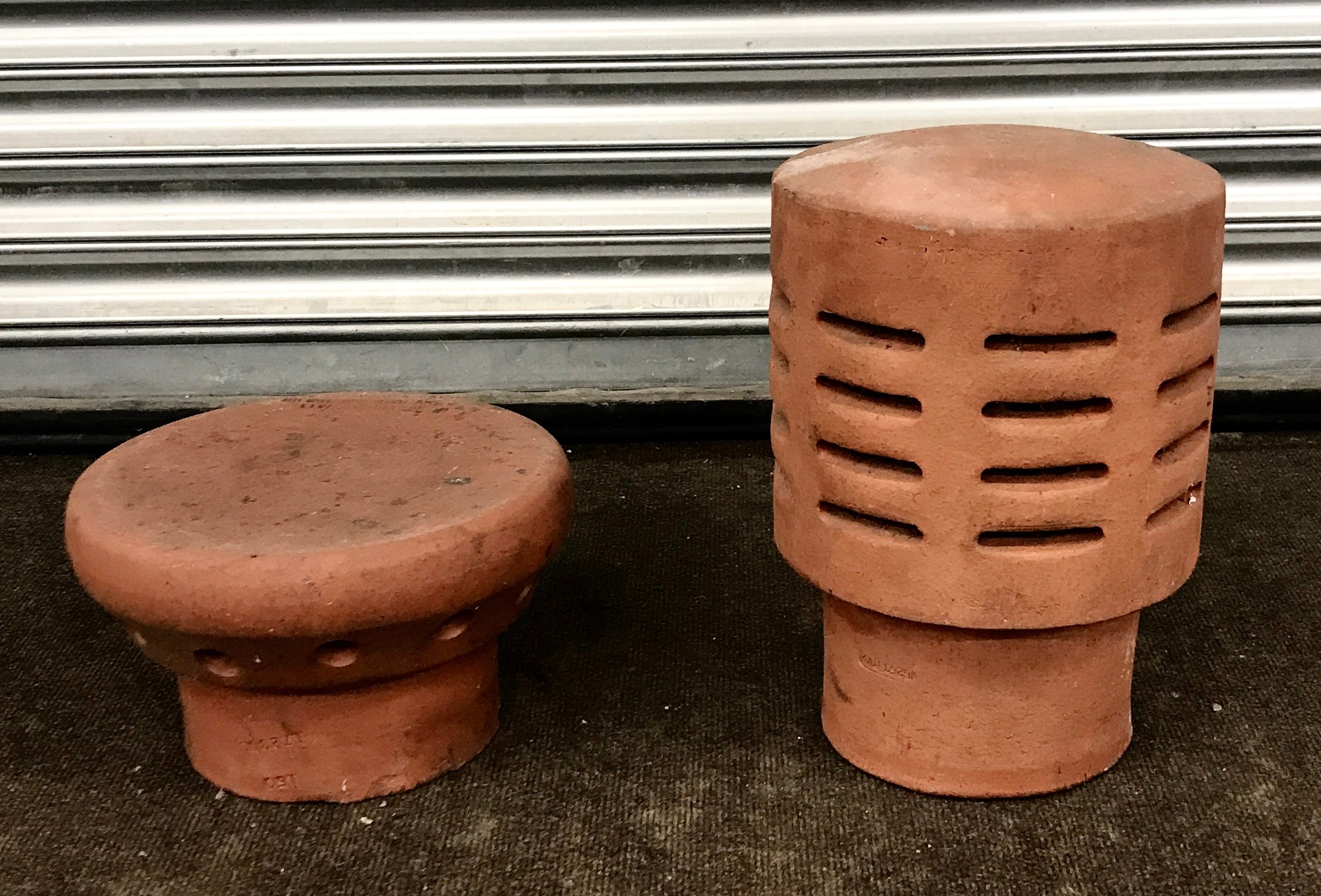 Vintage terracotta chimney tops, approximate measurement of each: Height 7 inches, diameter 11