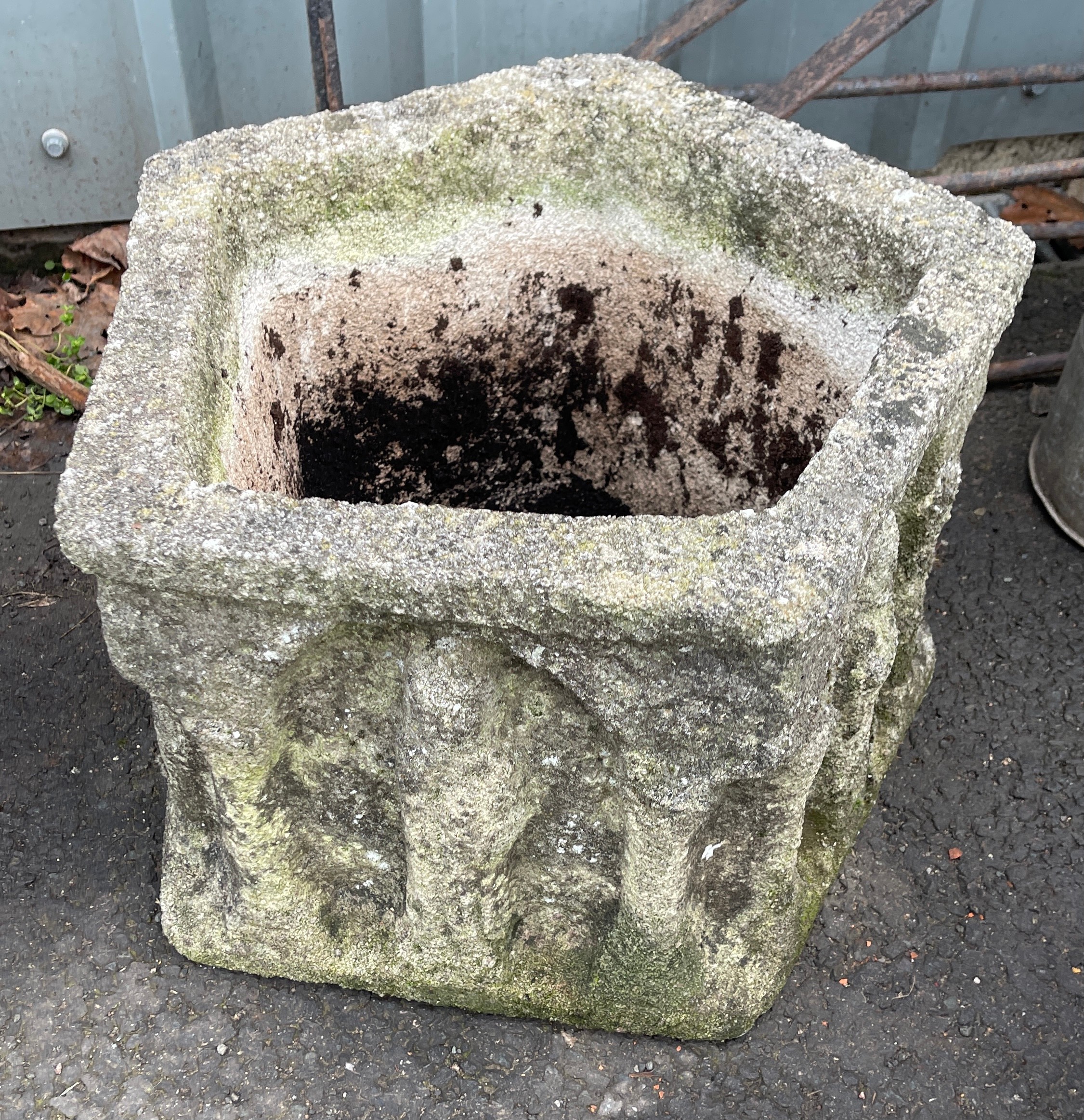 Gothic style stone planter, approximate height 12 inches, width 18 inches