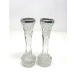 Pair of cut glass silver rimmed flower vases each measures approx 18cm high