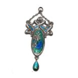 An antique silver pendant, with Art Nouveau floral designs decorated with blue & green enamelling.