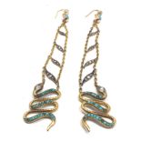 A Fine pair of antique 18 ct gold turquoise and rose diamond long drop snake earrings modelled as