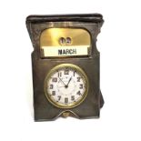 Antique silver cased travelling desk watch & calendar with alarm function within a purple morocco