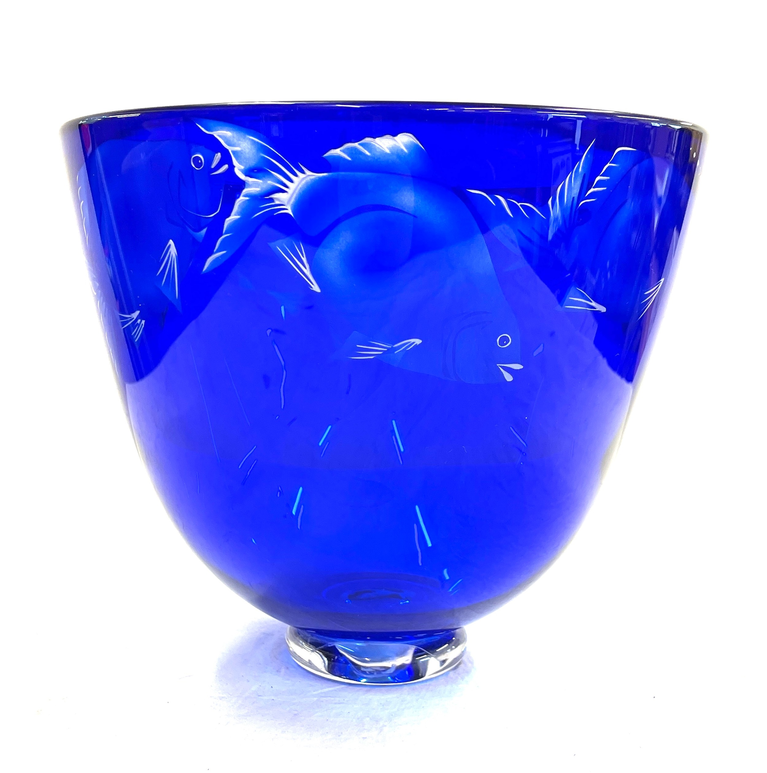 Julia Linstead cobalt blue glass Goldfish bowl, good overall condition, approximate measurement:
