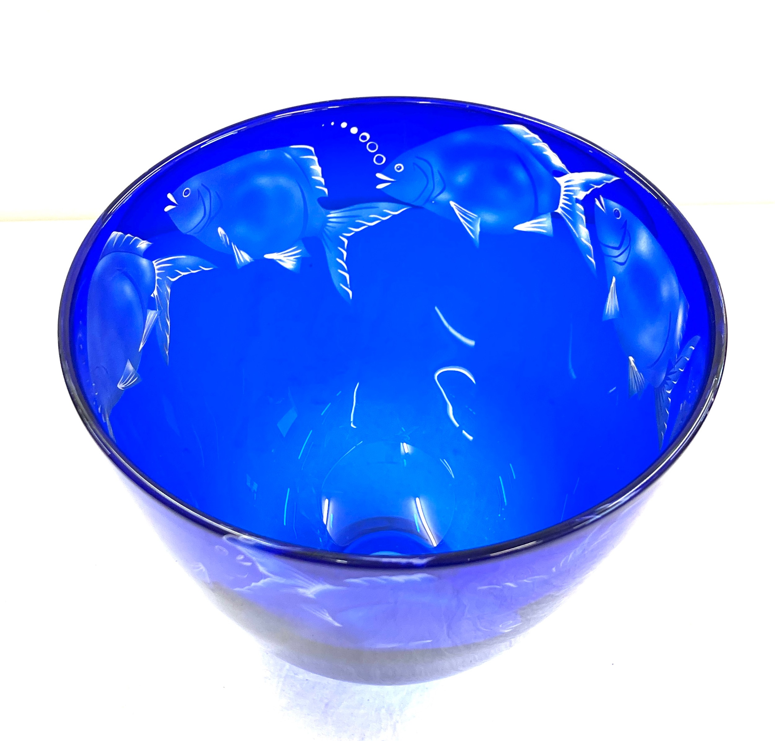 Julia Linstead cobalt blue glass Goldfish bowl, good overall condition, approximate measurement: - Image 2 of 8