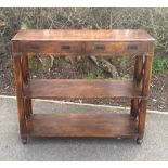 Vintage oak campaign 2 drawer hall table labeled "Major Hastings 9th Bengal Lancers India 1889"