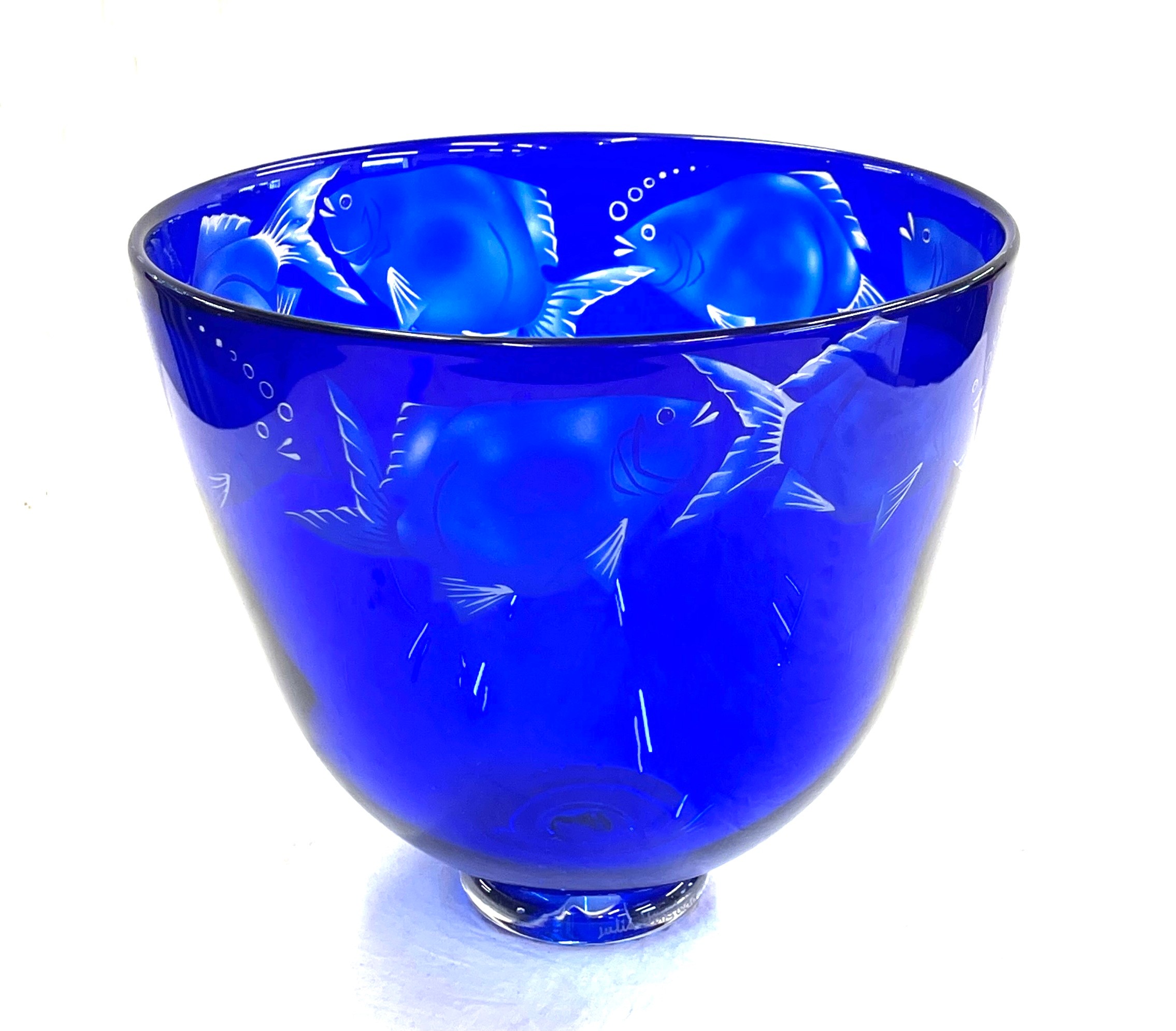 Julia Linstead cobalt blue glass Goldfish bowl, good overall condition, approximate measurement: - Image 8 of 8