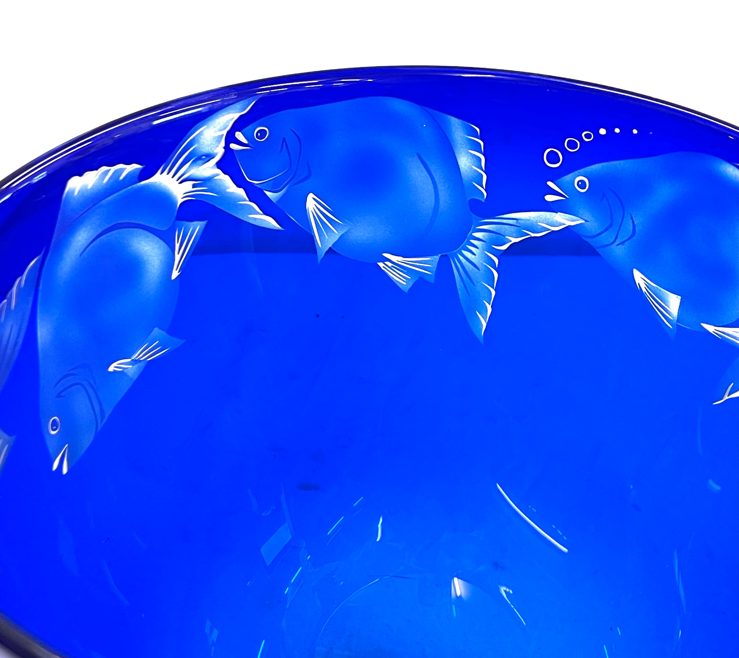 Julia Linstead cobalt blue glass Goldfish bowl, good overall condition, approximate measurement: - Image 4 of 8