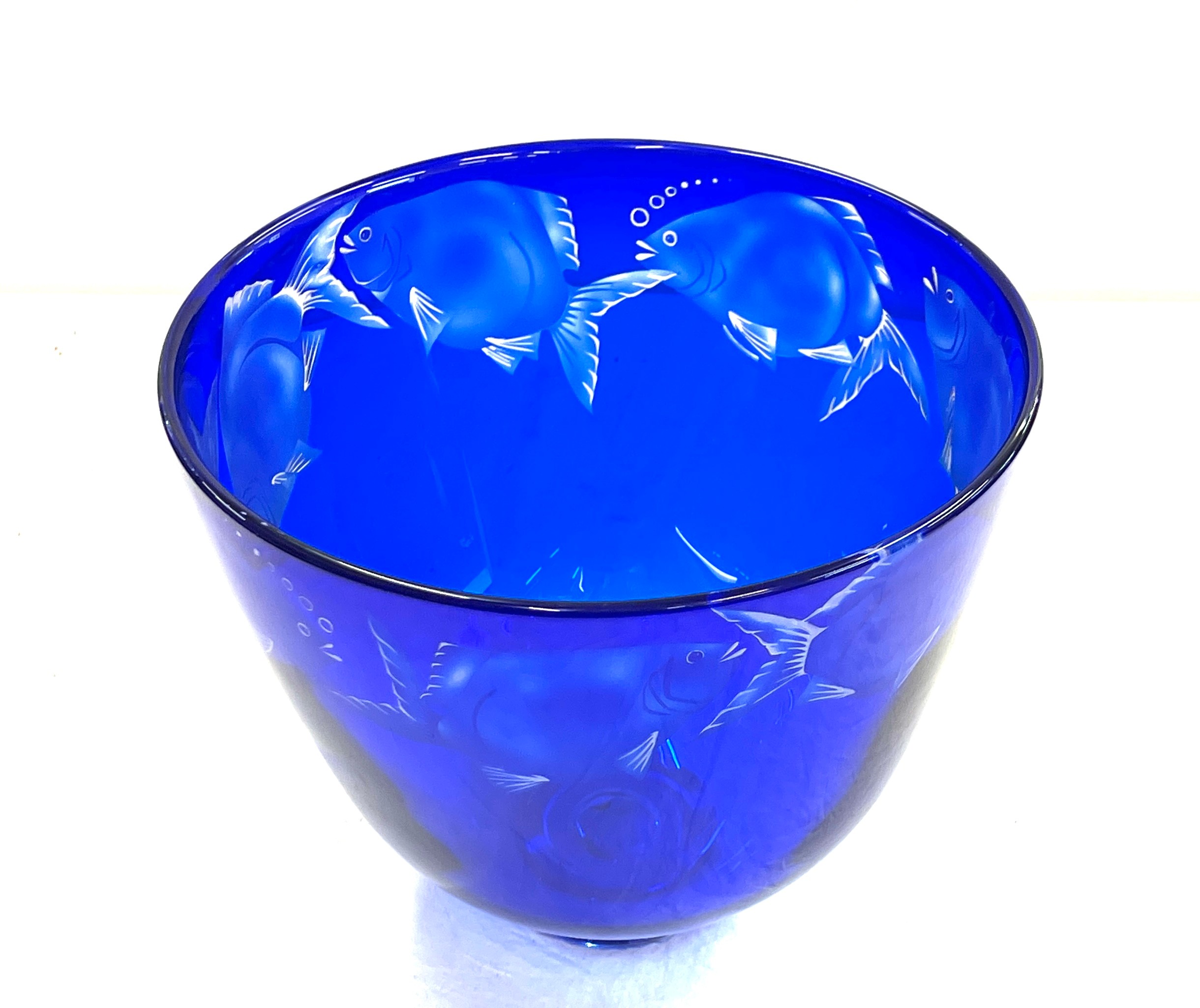 Julia Linstead cobalt blue glass Goldfish bowl, good overall condition, approximate measurement: - Image 7 of 8