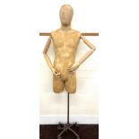 Vintage wooden and fabric mannequin on metal base , overall height 190cm