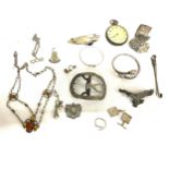 Selection of vintage silver items to include pocket watch untested, belt buckle, fobs, marcasite etc