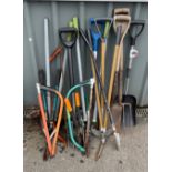 Selection of garden tools to include spades, shears etc