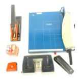 Large guillotine, hole punchers, stapler, selection of calculators etc