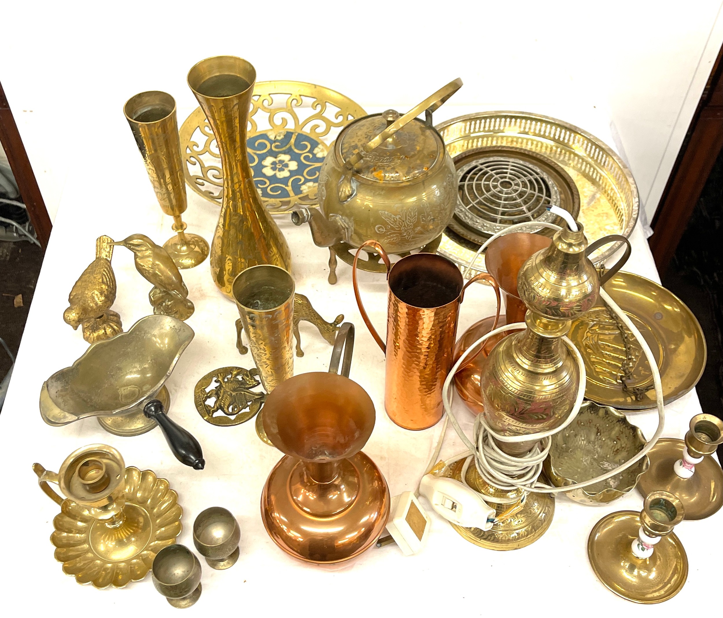 Selection of brassware to include kettle on stand, vases, lamp (rewiring required) etc