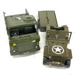 2 Vintage Army trucks, both plastic, largest truck measures approximately 56 x 28cm