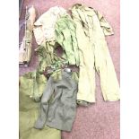 Selection of army clothing, bag and camp bed