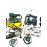 Selection of power tools includes bosch sander, king craft grinder with discs and jigsaw - all boxed