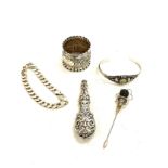 Selection of vintage silver items to include napkin ring, bracelets, button hook handle (Hat pin