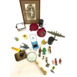 Large selection of miscellaneous items includes car badge, toy solders etc