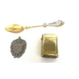 Sterling silver pocket watch chain fob, micro masonic spoon and gilt vesta case