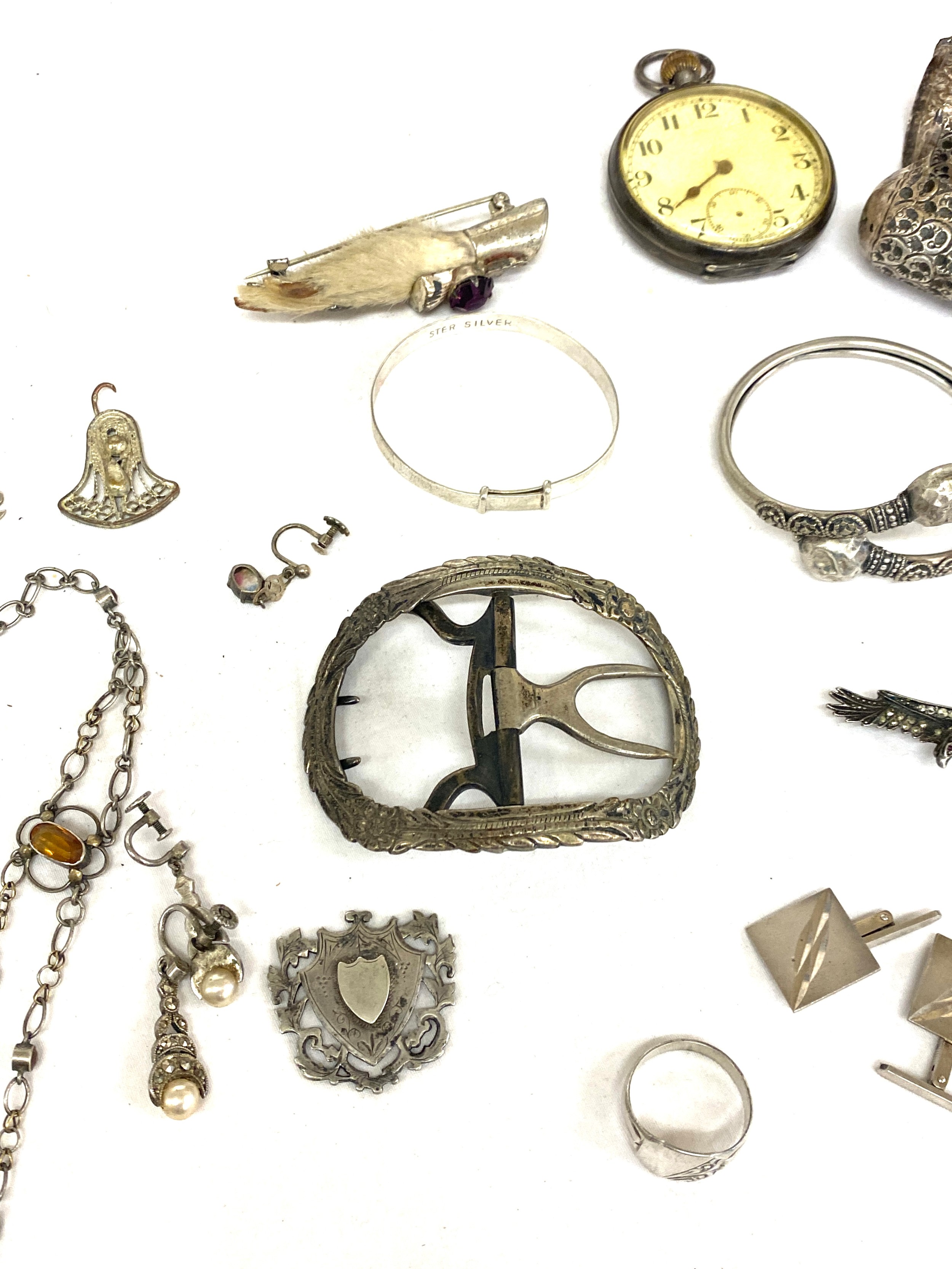 Selection of vintage silver items to include pocket watch untested, belt buckle, fobs, marcasite etc - Bild 3 aus 4