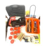 Selection of tools including European drill, saws, bolts, nuts etc