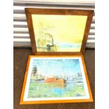 2 Vintage framed prints depicting a Galleon and sailboat, approximate frame measurement: 63 x 52cm
