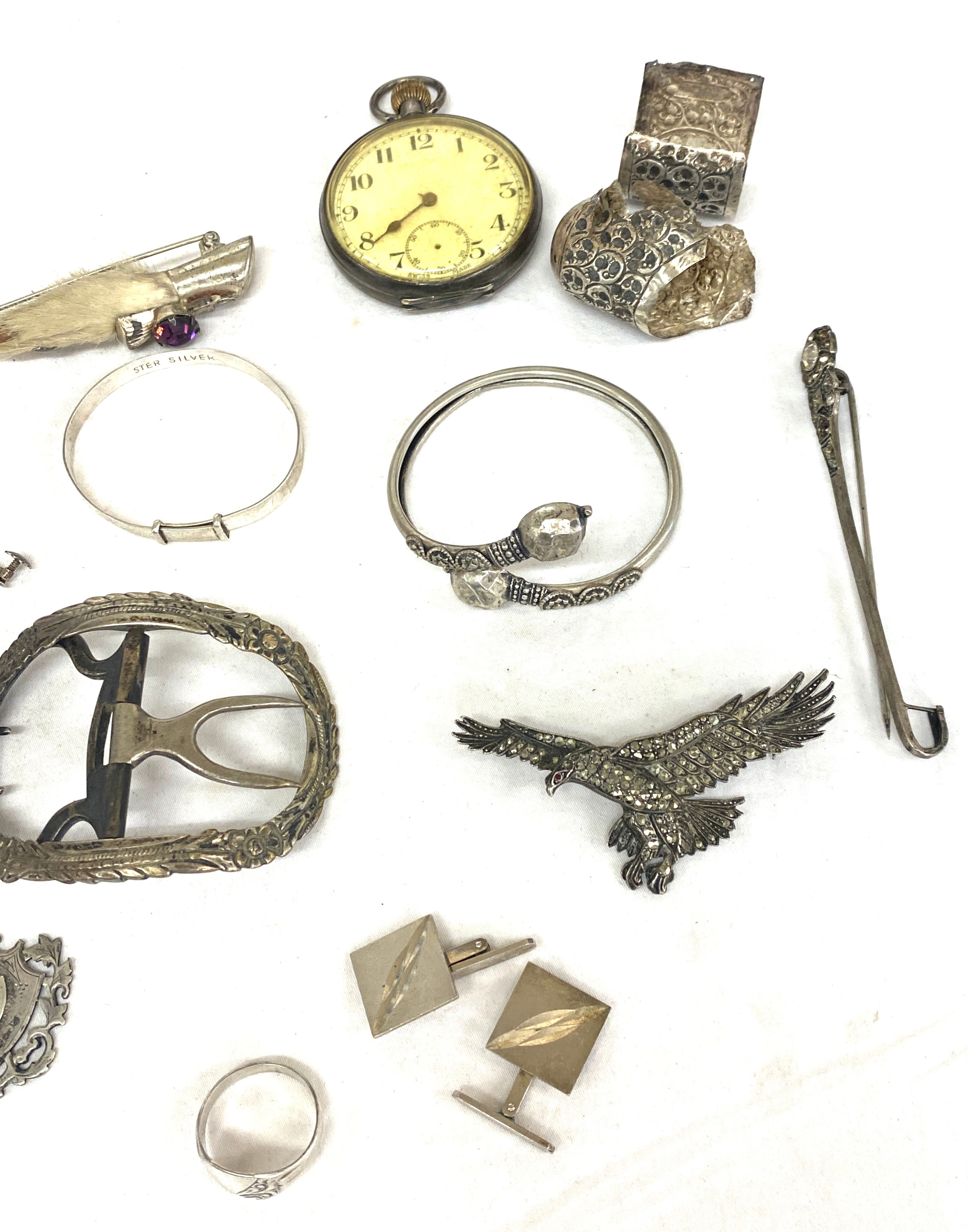 Selection of vintage silver items to include pocket watch untested, belt buckle, fobs, marcasite etc - Bild 2 aus 4