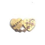 Antique victorian 9ct gold joined heart Mizpah brooch measures approx 2.9cm wide soldered pin joint