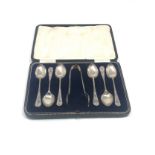 Boxed set of silver tea spoons & sugar tongs Sheffield silver hallmarks weight 98g