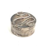 Modernist millenium silver pill box London silver hallmarks measures approx 4.5cm dia height 2.2cm