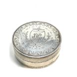 Antique continental silver trinket box measures approx 6.1cm dia height 2.2cm weight 57g